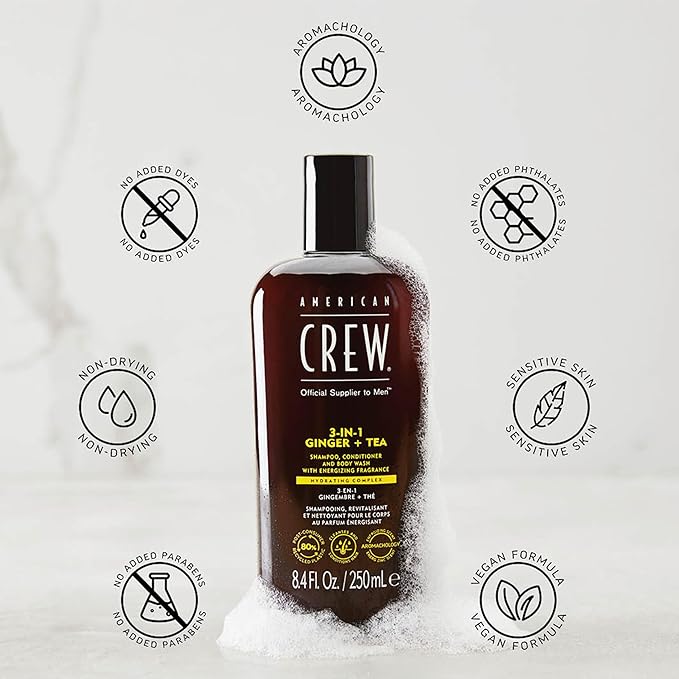 AMERICAN CREW 3-in-1 Ginger & Tea, Shampoo, Conditioner & Body Wash for Men, All-in-One Care with Revitalizing and Refreshing Fragrance, 15.2 fl oz