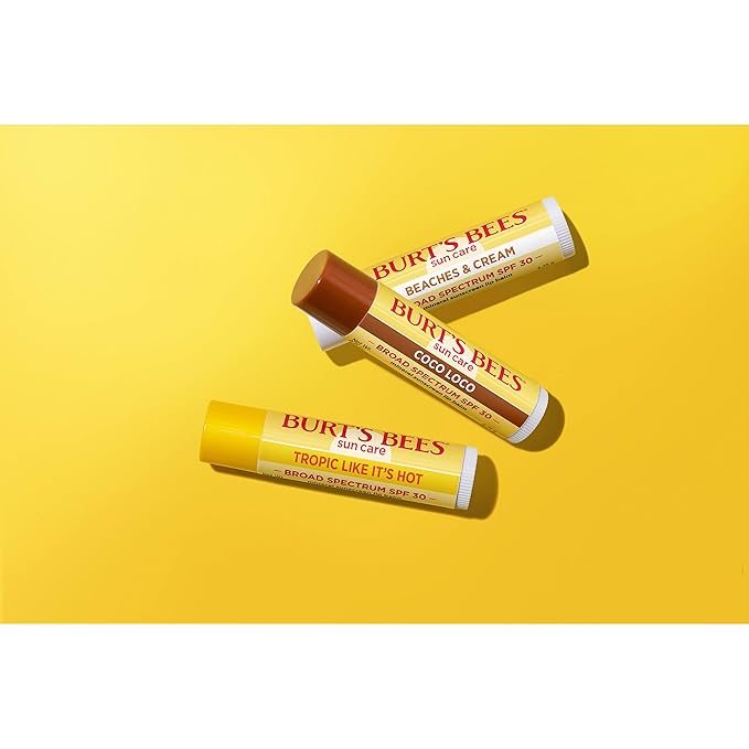 Burt’s Bees SPF 30 Lip Balm, Island Getaway - Coco Loco, Beaches & Cream, Tropic Like It's Hot, Water-Resistant Sun Care, Natural Origin Lip Treatment, 3 Tubes, 0.15 oz (Pack of 12)