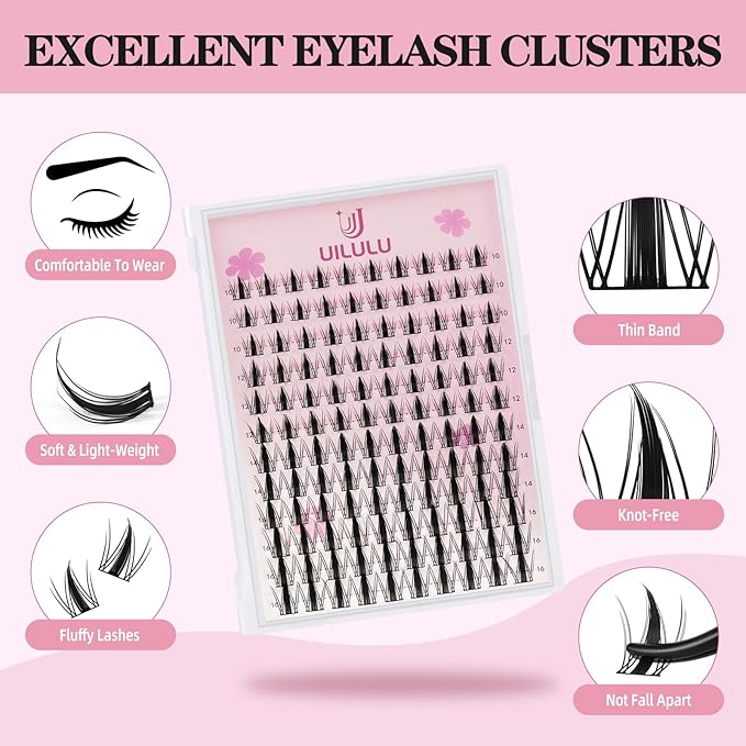 Uilulu Lash Clusters kit 10-16mm DIY Lash Extension Kit 120 D Curl Manga Lash Clusters 0.07D Wispy Individual Lashes Clusters False Eyelashes Eye Lash Kits At Home Lash Extensions Kit