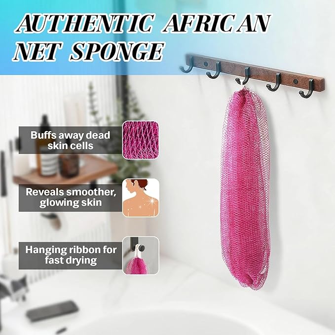 African Net Sponge Authentic Exfoliating Body Scrubber for Shower & Bath, Deep Cleansing Lather for Dead Skin Removal, Back Scrubber Gift for Women & Men（Rose Red）
