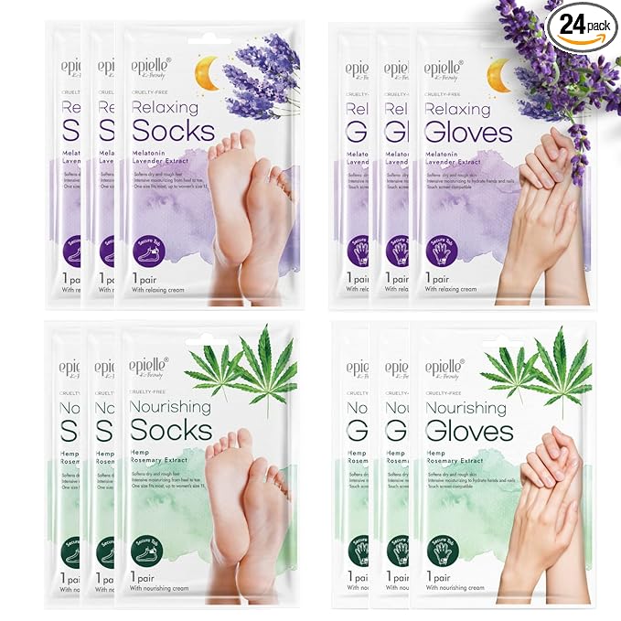 Epielle Relaxing & Nourishing Hand & Foot Masks, Soften Dry, Overworked Skin, Self Care Gifts for Women, Spa Kit, Mothers Day Gifts, 6 Moisturizing Gloves & 6 Moisturizing Socks