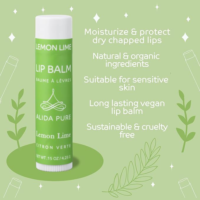 Lemon Lime Lip Balm Collection, Vegan Set, Bees Wax Free, Organic Jojoba and Avocado Oil, Vitamin E, Moisturizer for Dry Cracked Lips, 3 Tubes per Set