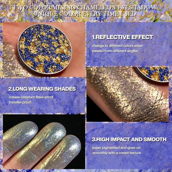 DE'LANCI Duochrome Golden Yellow Shimmery Pressed Eyeshadow, Multi-Dimensional Gold Blue Glitter Eyeshadow, Easy to Wear Chameleon Eye Shadow, Crease Resistant Waterproof Duo Chrome Eye Shadow, 12