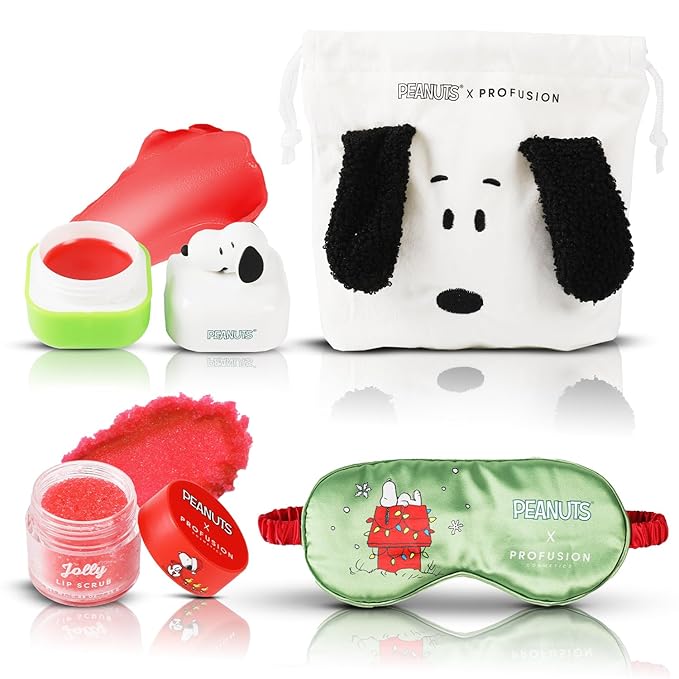 Profusion Cosmetics Peanuts Holiday Goodnight Set, Featuring A Lip Balm, Scrub, Snoopy Pouch and Eye Sleep Mask, Infused with Vitamin E