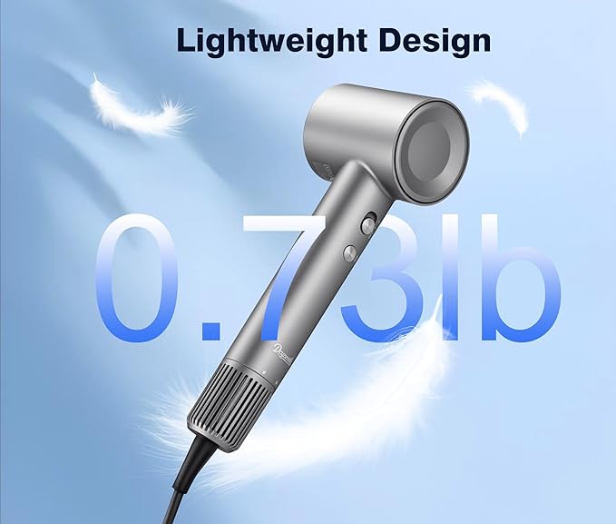 High Speed Ionic Hair Dryer, 160,000 RPM Brushless Motor for Fast Drying, 3.7 Billion Negative Ions for Smooth Hair, Low Noise Portable Blow Dryer with Diffuser & Concentrator, Grey