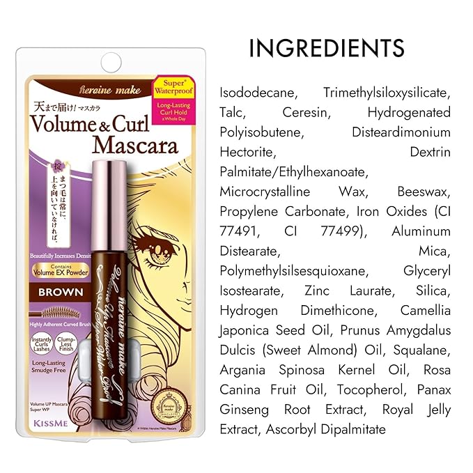 KISSME Heroine Make Volume UP Mascara Super WP, Super Long-Lasting! Volume & Curl Mascara, Brown