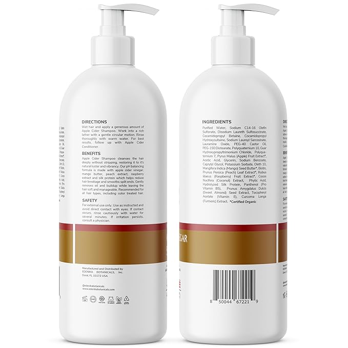 Edenika Botanicals Apple Cider Vinegar Shampoo, Deep Cleans, Clarifies, Detoxes Scalp & Hair, Balances pH, Botanical, Sulfate & Paraben Free, 16 fl oz Each