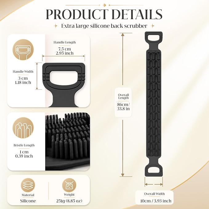 Manmihealth Silicone Back Scrubber for Shower, 33.8'' Exfoliating Body Scrubber with Long Strap Handle, Dual-Sided Extendable Back Washer for Men and Women (Black)