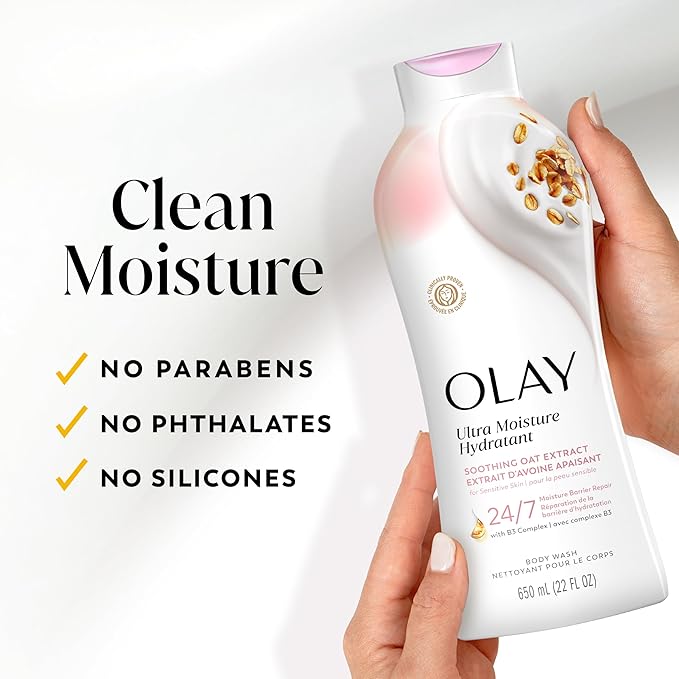 Olay Body Wash for Women, Ultra Moisture, For Sensitive Skin, Soothing Formula, 24hr Moisturizing, Hydrating & Refreshing, B3 Vitamin Complex, Free of Parabens & Phthalates, Oat Extract Scent,22 fl oz