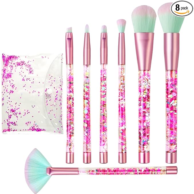Makeup Brush Set Pink Glitter,Unicorn Foundation Sparkles Cute Fan Powder Blush Lip Highlight Eye shadow Eyebrow Makeup Brushes Set with Liquid and Case for Girls Teen Kids Gift Present