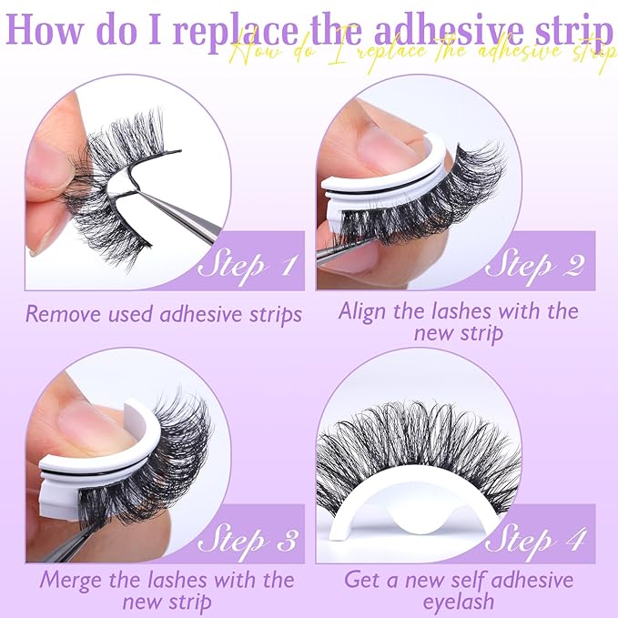Self Adhesive Eyelashes Reusable Self Adhesive Lashes Natural Pre-glued Lashes No Glue Lashes Strip Lashes Cat Eye Lashes D-Curly False Lashes Wispy Faux Mink Eyelashes by zanlufly