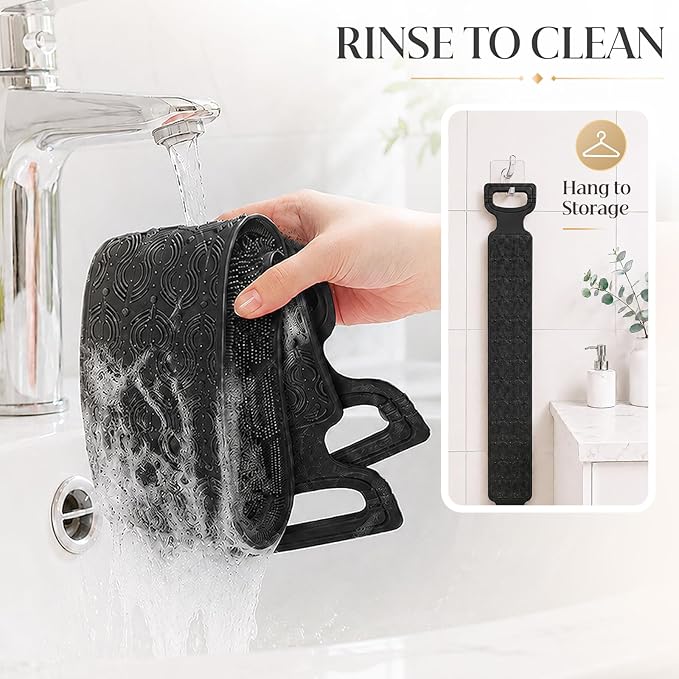 Manmihealth Silicone Back Scrubber for Shower, 33.8'' Exfoliating Body Scrubber with Long Strap Handle, Dual-Sided Extendable Back Washer for Men and Women (Black)