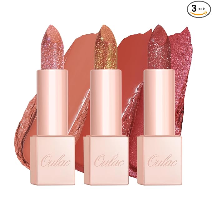Oulac Moisture Shine Lipstick Set 3PCS - Infinity High Shine Finish, Hydrating Vegan Lipstick Infused with Damask Rose Oil for All-Day Comfort, Gluten-Free, PG11+PG09+D04