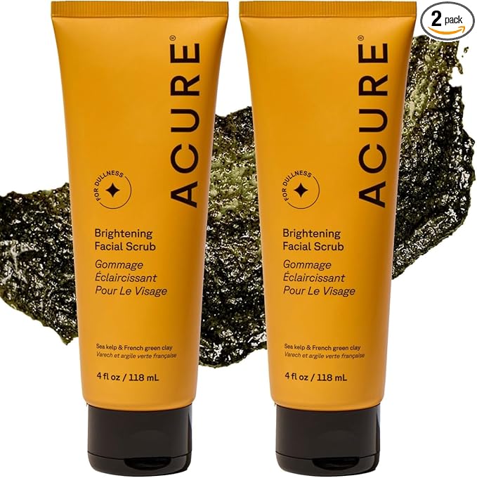 Acure Brightening Facial Scrub - Exfoliating Face Wash, Gentle Daily Scrubber & Exfoliator for Women & Men for Radiant Skin, Cleansing Wash with Sea Kelp & French Green Clay - 4 fl oz (2 Pack)