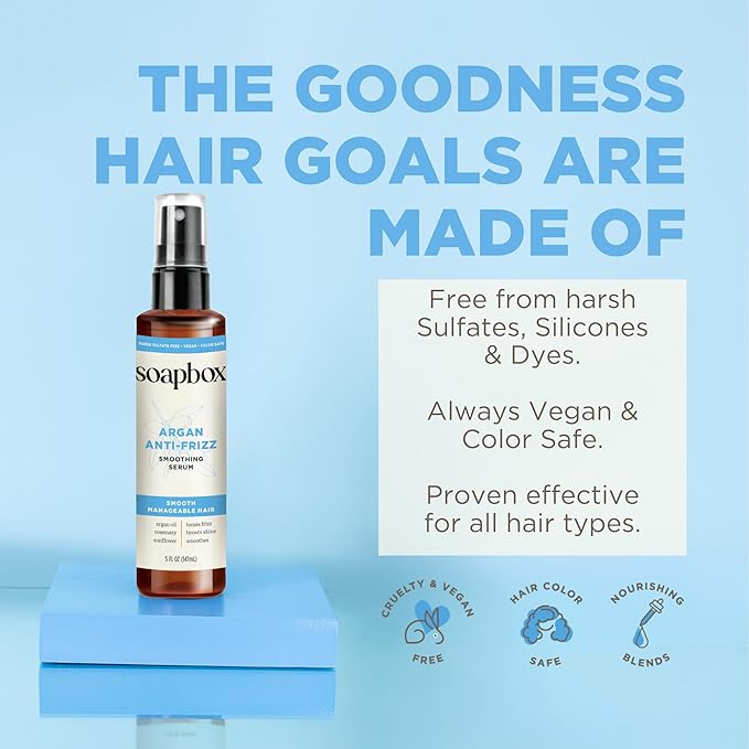 Soapbox Smoothing Argan Oil Serum, Controls Frizz & Adds Shine - Lightweight Anti Frizz Hair Serum with Shea Butter - Clean Ingredients Free of Harsh Chemicals, Sulfates, Parabens & Silicones - 5oz
