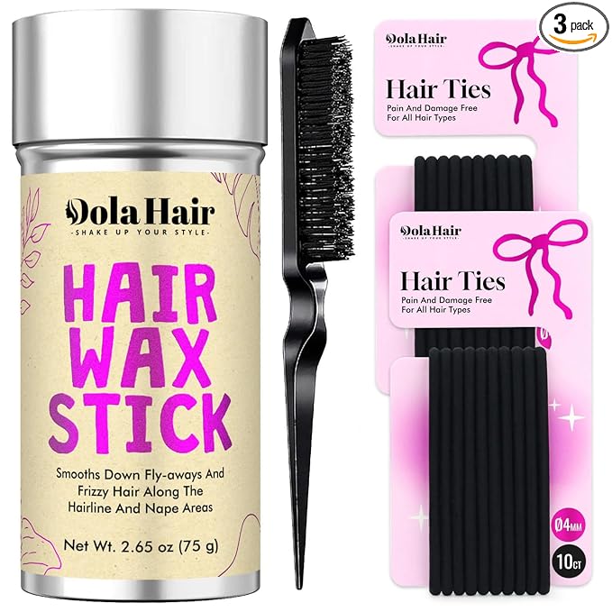 Dolahair Hair Wax Stick - Flyaway Control and Styling Pomade for Kids, Women, and Men - Accessorie Slick Back Hair Brush Kit Hair Bun Maker 20 Pcs Hair Ties (Pack of 3)