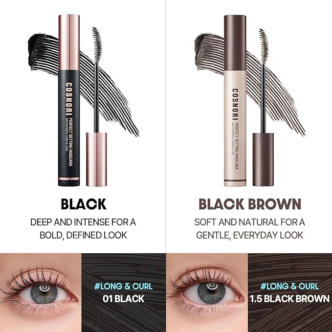 COSNORI Perfect Setting Waterproof Mascara Long&Curl 1.5 Black Brown – Long Lasting Smudge - Black Brown Mascara - Soft yet Defined Daily Use - K Beauty - 0.23fl oz (7ml)