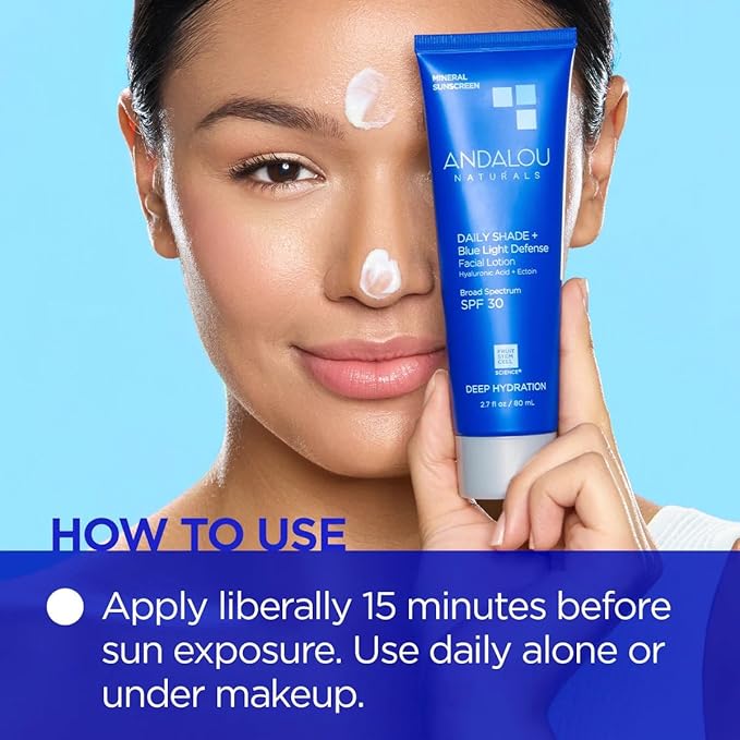Andalou Naturals Deep Hydration Face Sunscreen - Daily Shade + Blue Light Defense SPF 30 with Zinc Oxide - Lightweight, Non-Greasy, Non-comedogenic, Fragrance-Free - 2.7 fl oz