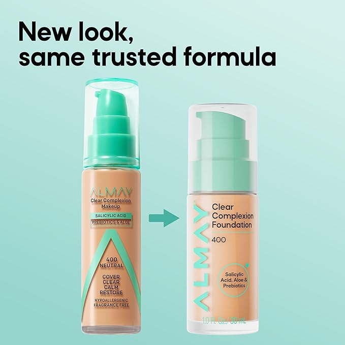 Almay Clear Complexion Foundation, Oil-Free Face Makeup for Acne-Prone Skin, Buildable Coverage, Soft-Matte Finish, Vegan, 300, 1 fl oz