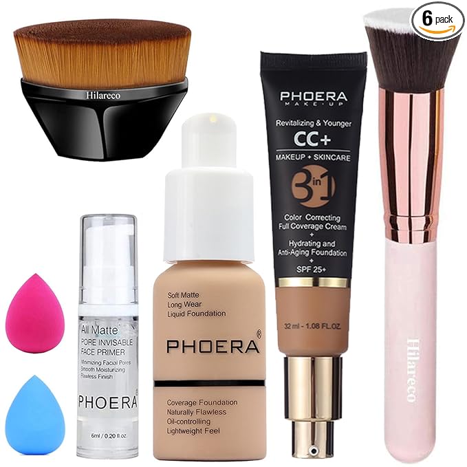 Hilareco PHOERA Foundation,PHOERA CC Cream Foundation Color Correcting Anti Aging Hydrating Serum &SPF 25+,PHOERA Primer, PHOERA Makeup Foundation, Makeup Brushes (104 Buff Beige+160 Sand CC Cream)