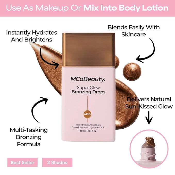 MCoBeauty Super Glow Bronzing Drops - Sun Kissed Shade - Golden Shimmer Liquid Bronzer - Hydrating Illuminating Face Tint with Jojoba Oil Hyaluronic Acid Cocoa Extract White Tea - Vegan & Cruelty Free