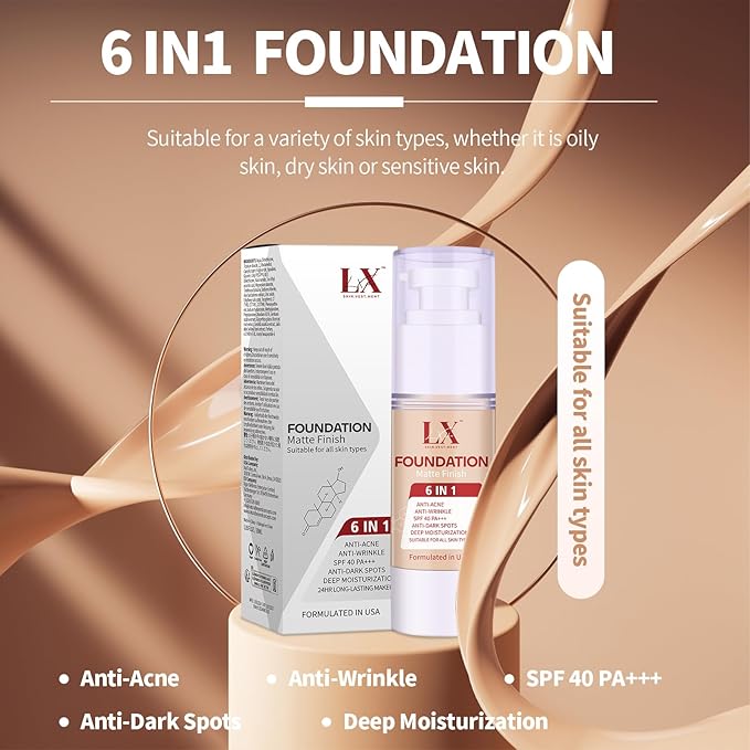 6-in-1 Makeup Infused with 1% Hyaluronic Acid- Matte + Poreless Liquid Foundation For A Glowing & Soft-Focus Look, Suitable for All Skin Types (201 Medium, 6-in-1 Makeup Foundation)