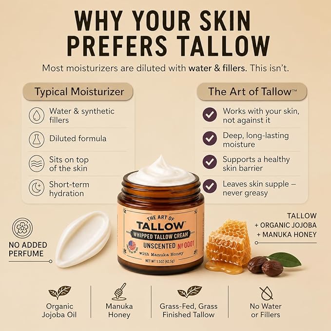 Tallow Face Moisturizer – Unscented Beef Tallow for Skin, Whipped Tallow Cream with Manuka Honey & Organic Jojoba Oil, Face Cream, Grass Fed & Finished, Made in USA, 1.5 oz