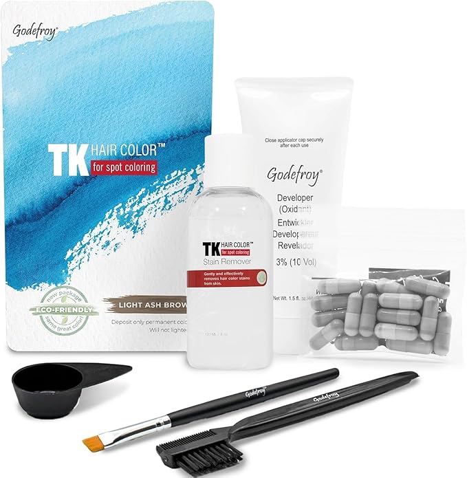 Godefroy Hair Color TK 20 Application and 4 oz Coloring Stain Remover Combo, Complete Coverage of Gray Hair Roots, Salon Quality Results - Light Ash Brown