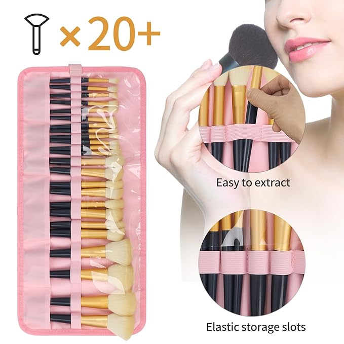 OCHEAL Makeup Brush Holder, Pink Stripes Makeup Brush Organizer,Travel Makeup Brushes Bag Cosmetic Bags Pouch for Women Cosmetic Brushes Makeup Artist -Brushes Not included