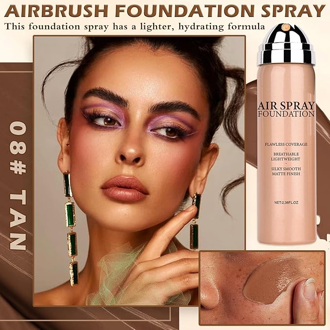 AIUEO Air Brush Makeup Foundation Spray for Mature Skin, Silky Mist Spray Full Coverage Foundation Makeup for Smooth Radiant Skin-08 Tan(Bronze)