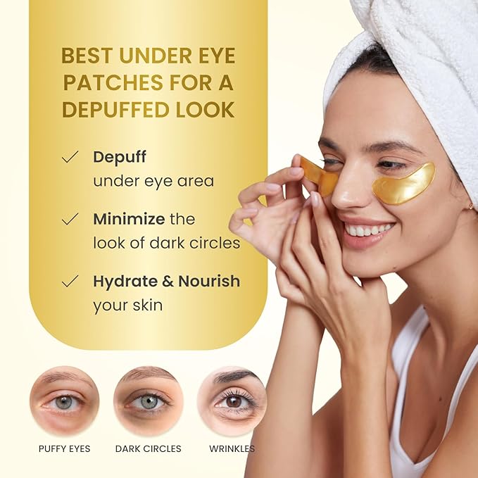 PLANTIFIQUE 24K Gold Under Eye Patches 20 Pairs - Dermatologist Tested - Hydrating Collagen Eye Masks with Hyaluronic Acid for Dark Circles & Puffiness