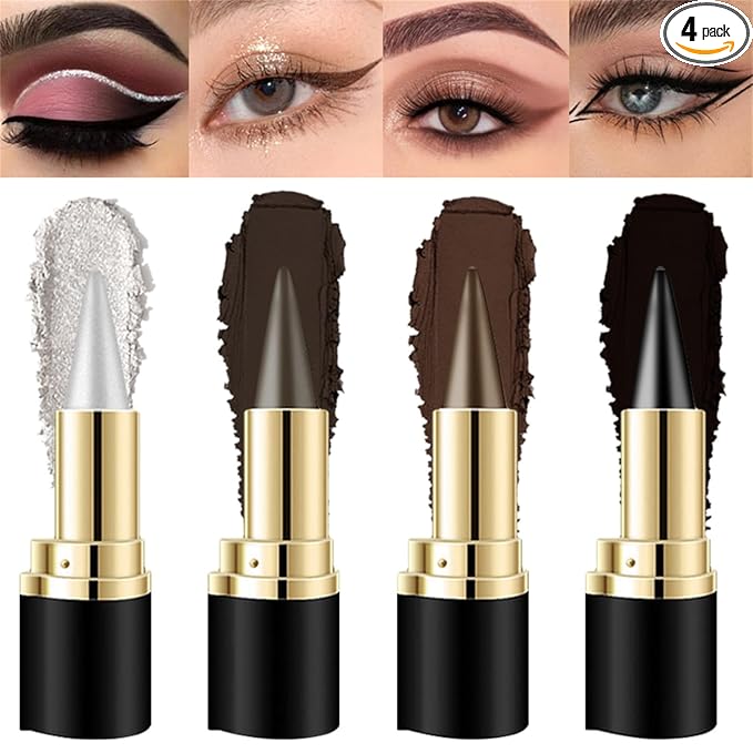 4Pcs Black Silver Grey Brown Gel Eyeliner Pencil Set, Halloween Makeup Waterproof Long Wear Natural Eye Lip Face Paint Stick Matte Liquid Eyeliner Cream Black Smokey Eye Liners Eyeshadow Crayon