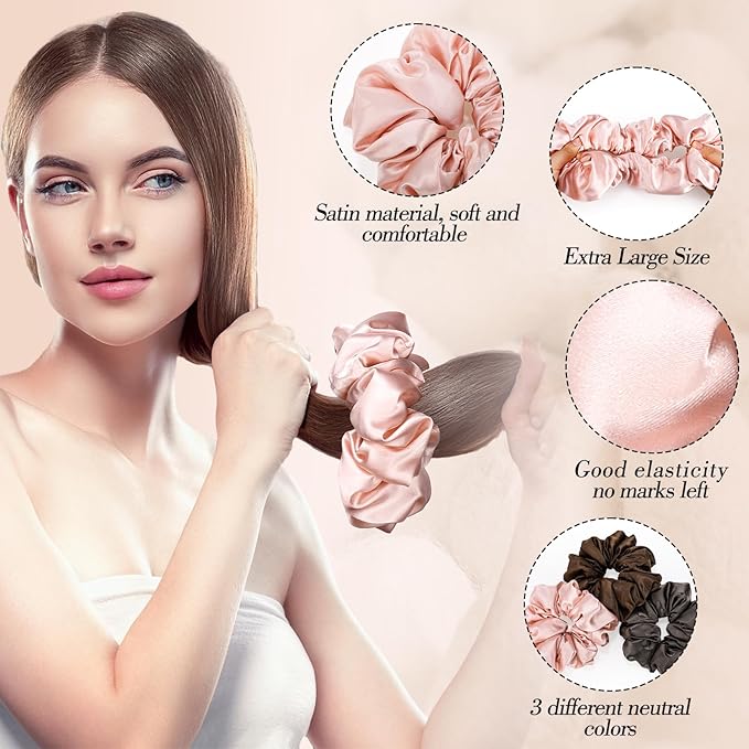3Pcs Sleepy Hair Tie for Women Girls, Large Satin Hair Scrunchies Pillow Satin Scrunchies for Thick Curl