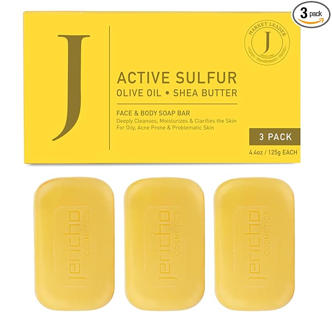 Jericho Dead Sea Sulfur Soap with Olive Oil – Helps with Acne, Psoriasis, Eczema & Blackheads – For Oily to Normal Skin – Vegan Face & Body Bar for Men & Women, 4.4 Oz / 125 g (Pack of 3)