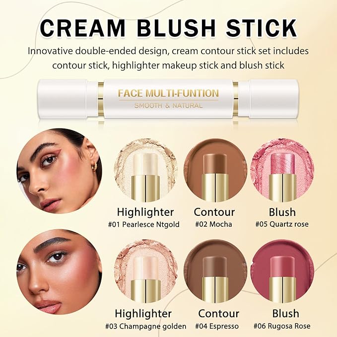 IONSGAKO 6 Colors Cream Contour Stick Makeup Kit, Double-ended Cream Highlighter Stick Bronzer and Blush Stick for Sculpt the Cheeks, Matte & Dewy Finish, Face Contour Kit for Beginners, Set B