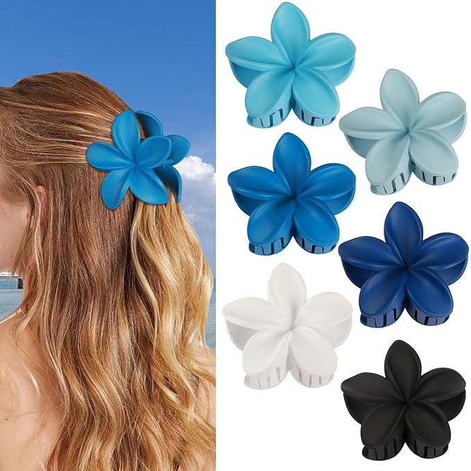 CHANDAT Flower Hair Clips 6 PCS Hawaiian Claw Clips for Vacation Hibiscus Hair Claw Cute Large Hair Clips for Thick and Thin Hair Plumeria Hair Accessories for Women Girls -Blue
