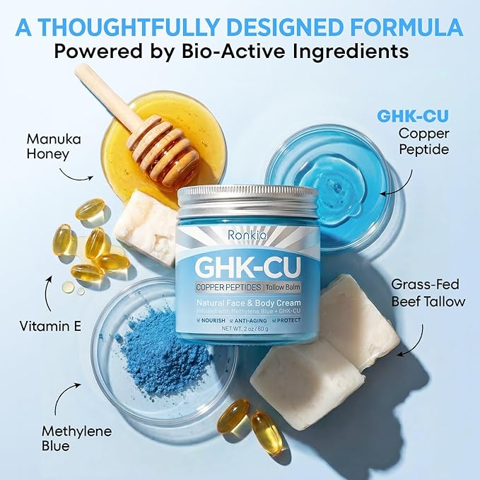 RONKIE GHK-Cu Peptide Cream for Face: Blue Beef Tallow Moisturizer with Copper Peptides Methylene Blue Gentle and Safe for Dry Sensitive Mature Skin 2oz