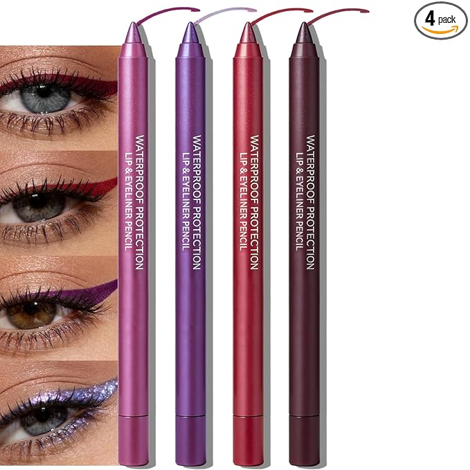 4Pcs Plum Red Purple Eyeliner Pencil, Sharpenable Gel Eye Liner Waterproof Smudge proof, Matte Glitter Waterline Eyeliner Set for Women Smooth Cream Eyeshadow Pen Highly Pigmented Eye Makeup