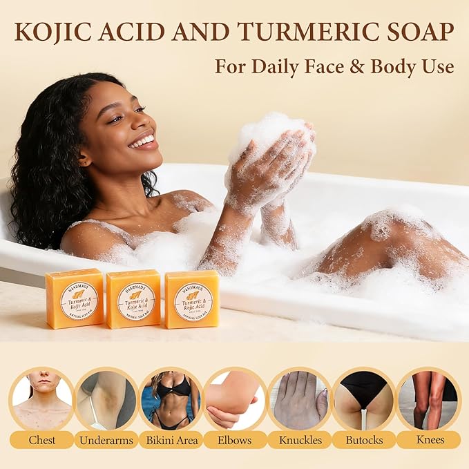 Kojic Acid Soap, Turmeric Soap Bar for Dark Spots, Brightening Face & Body Wash with Vitamin C, Tea Tree Oil & Shea Butter, Acne Scars, Hyperpigmentation & Even Skin Tone, 3 Pack