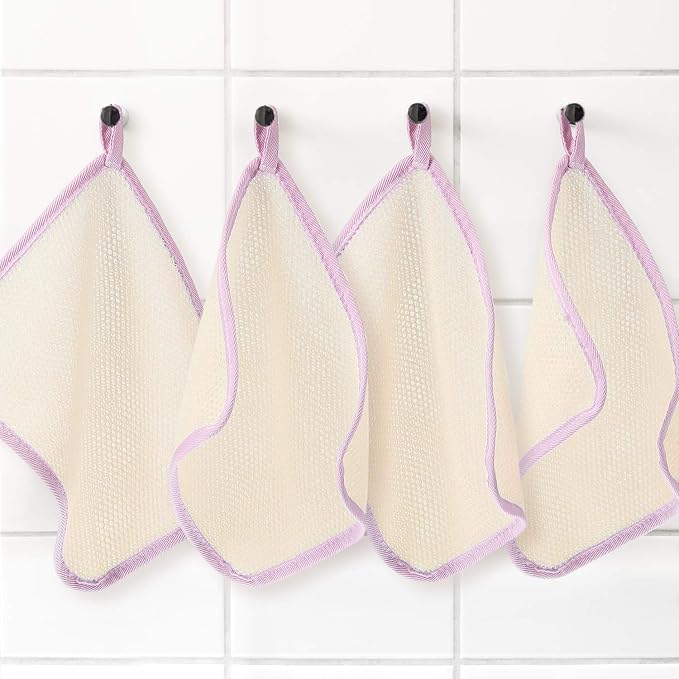 Tatuo 5 Pcs Exfoliating Face and Body Wash Cloths Towel Weave Bath Exfoliating Scrub Massage Bath Cloth for Women and Men, 10.23 x 8.66 Inch(Pink Edge)
