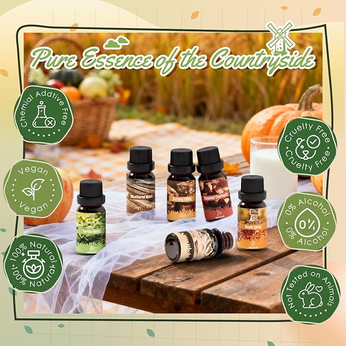 Farmhouse Essential Oils Set for Diffusers for Home, Soap & Candle Making Scents, Roasted Chestnuts,Buttery Toffee, Garden Herbs, Cozy Linen, Maple Syrup, Weathered Wood, 6x10ml