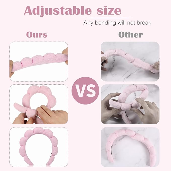 Ztomine Spa Headbands, Set of 2, Terry Cloth Headband Face Wash Headband Combo Pack - Puffy Makeup Headbands for Face Washing, Mask (Dark khaki + pink)