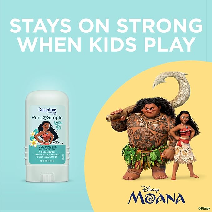 Coppertone Pure and Simple Kids Exclusive Disney Moana Sunscreen Stick SPF 50, Hypoallergenic, Mineral Sunscreen for Kids, Water Resistant, Oxybenzone and Octinoxate Free, 0.49 Oz Stick (Pack of 2)