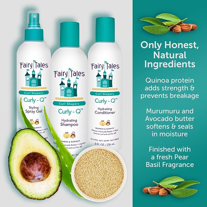 Fairy Tales Curly Q Hydrating Kids Shampoo 12oz, Conditioner 8oz, and Styling Spray Gel 8oz - Paraben, Sulfate, Gluten, and Nut Free - For All Curl Types Including Multi Cultural Hair (3 Pack)
