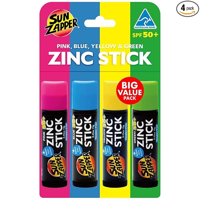 Sun Zapper Zinc Oxide Mineral Sunscreen Stick – SPF 50+ Water Resistant – 4-Pack (Pink, Blue, Green, Yellow) Rainbow Pack – For Face & Body – Made in Australia