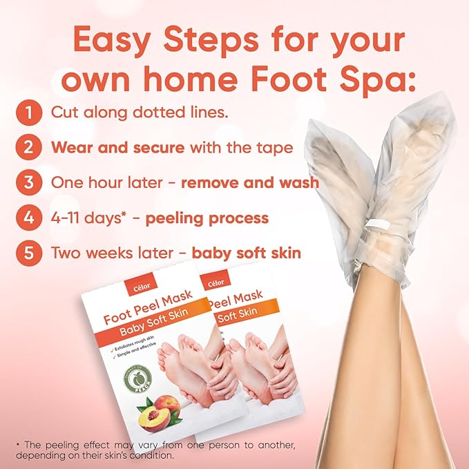 CÉLOR Foot Peeling Mask for Dry Cracked Feet | Foot Mask to Exfoliate Rough, Cracked, Dry Feet, Calluses for Soft Baby Feet Results | Made with Aloe Vera Extract for Women & Men (2 Pairs) | Peach