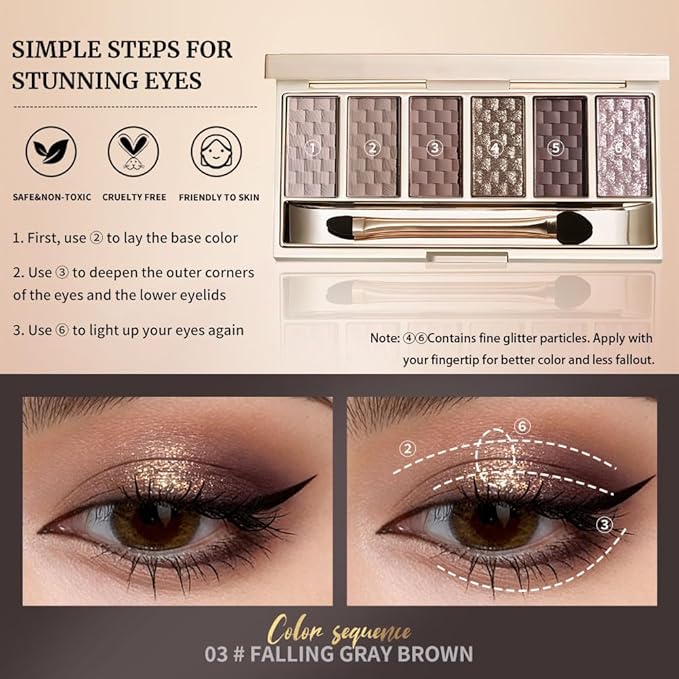 Cool Taupe Grey Nude Eyeshadow Palette – 6 Matte & Shimmer Shades, High-Pigment Blendable Long-Lasting Smokey Eye Shadow for Natural Everyday Makeup, Soft Glam & Mature Eyes, Paleta de Sombras de Ojos