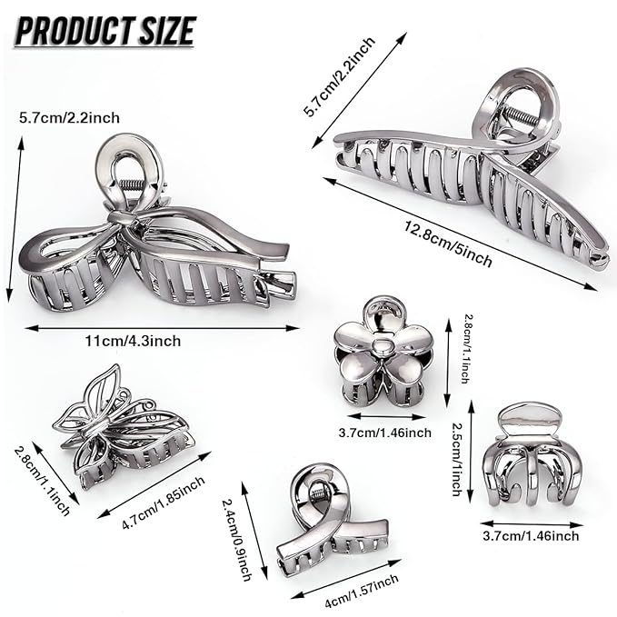 LONEEDY 10 Pack 5.1Inch Extra Large Hair Clips for Women Thick Hair and Long Hair, Silver Multi-Styles Big Claw Clips, Strong Hold Jaw Clips (Silver Black, Large)