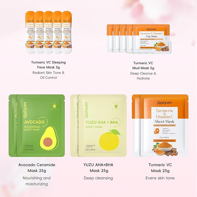 QUIYUM Skincare Set - 26PCS Face Masks & Lip-Eye Masks, Fruit & Turmeric VC Masks Gifts for Women Teen Girls, Travel Size Toiletries for Mother's Day Christmas Birthday