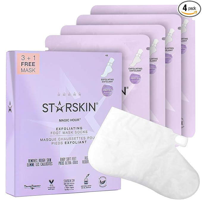 STARSKIN Magic Hour, Exfoliating Foot Mask Sock with Lactic and Glycolic Acid, Gently Removes Calluses and Dead Skin for Effective Peeling, K Beauty Skincare (4 Pack)